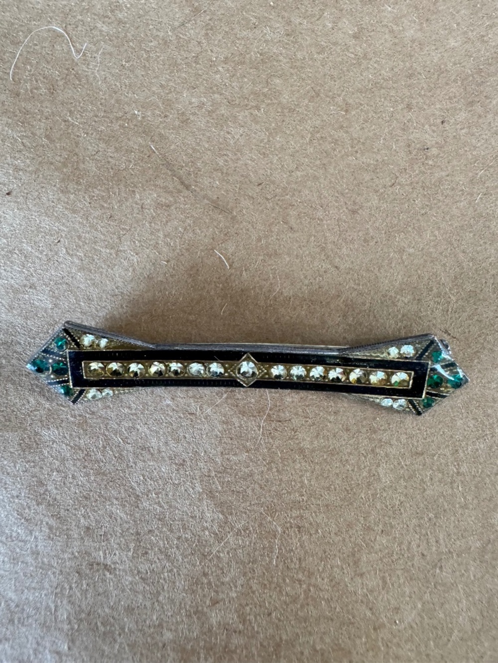 Antique Art Deco Black Enamel & Rhinestone Bar Brooch, C-Clasp
